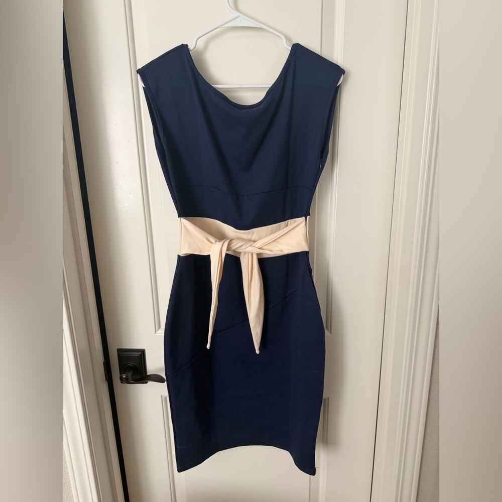 NWT: Miusol Navy Midi Dress with Cream Waist Tie